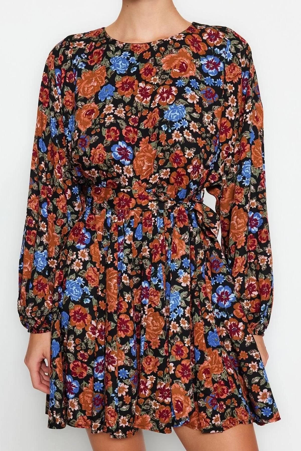 Women Fashion Stylish Mini Length Crew Neck Regular Belted Floral Woven Dress