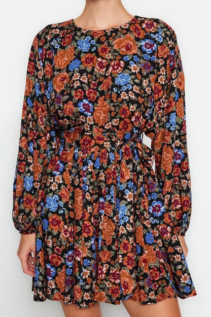 Women Fashion Stylish Mini Length Crew Neck Regular Belted Floral Woven Dress