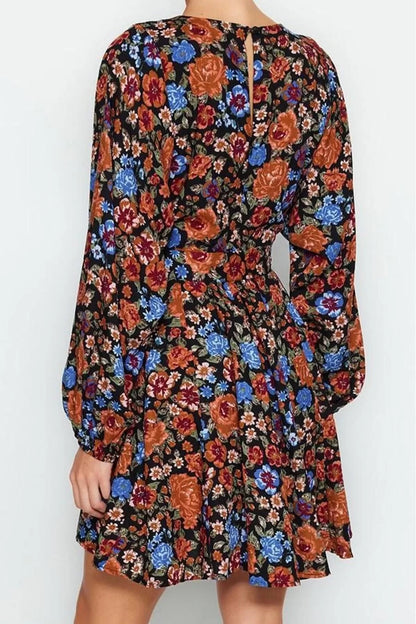 Women Fashion Stylish Mini Length Crew Neck Regular Belted Floral Woven Dress