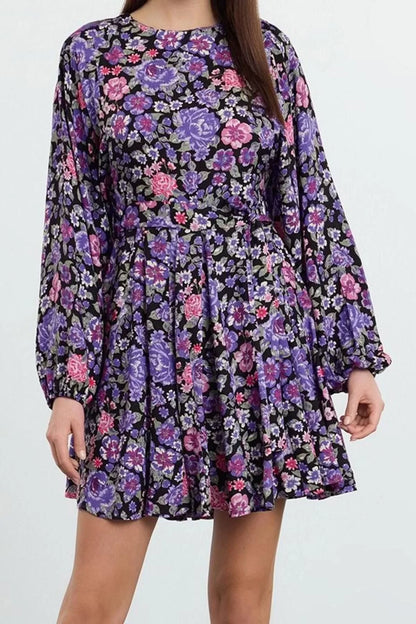 Women Fashion Stylish Mini Length Crew Neck Regular Belted Floral Woven Dress