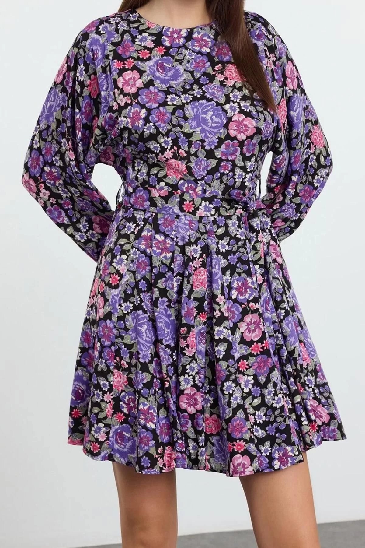 Women Fashion Stylish Mini Length Crew Neck Regular Belted Floral Woven Dress