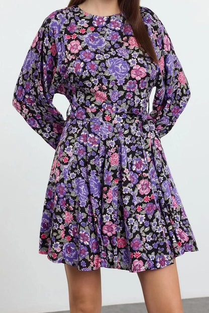 Women Fashion Stylish Mini Length Crew Neck Regular Belted Floral Woven Dress