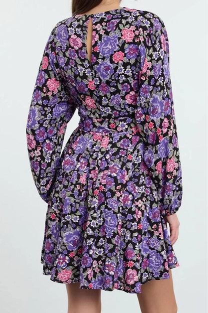 Women Fashion Stylish Mini Length Crew Neck Regular Belted Floral Woven Dress