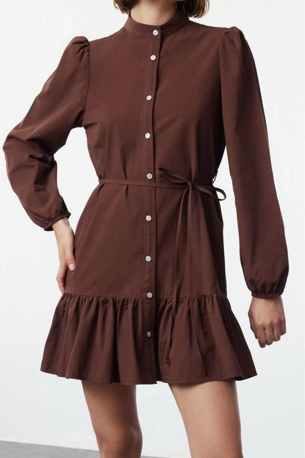 Women Fashion Stylish Mini Length Judge Collar Regular Dusty Rose Belted Plain Belted Long Sleeve Woven Dress