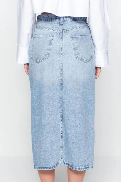 Women Fashion Style Midi Unlined Denim Front Button Slit Midi Denim Skirt