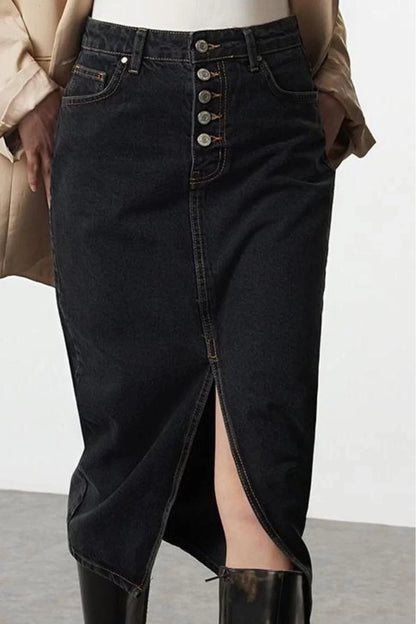 Women Fashion Style Midi Unlined Denim Front Button Slit Midi Denim Skirt