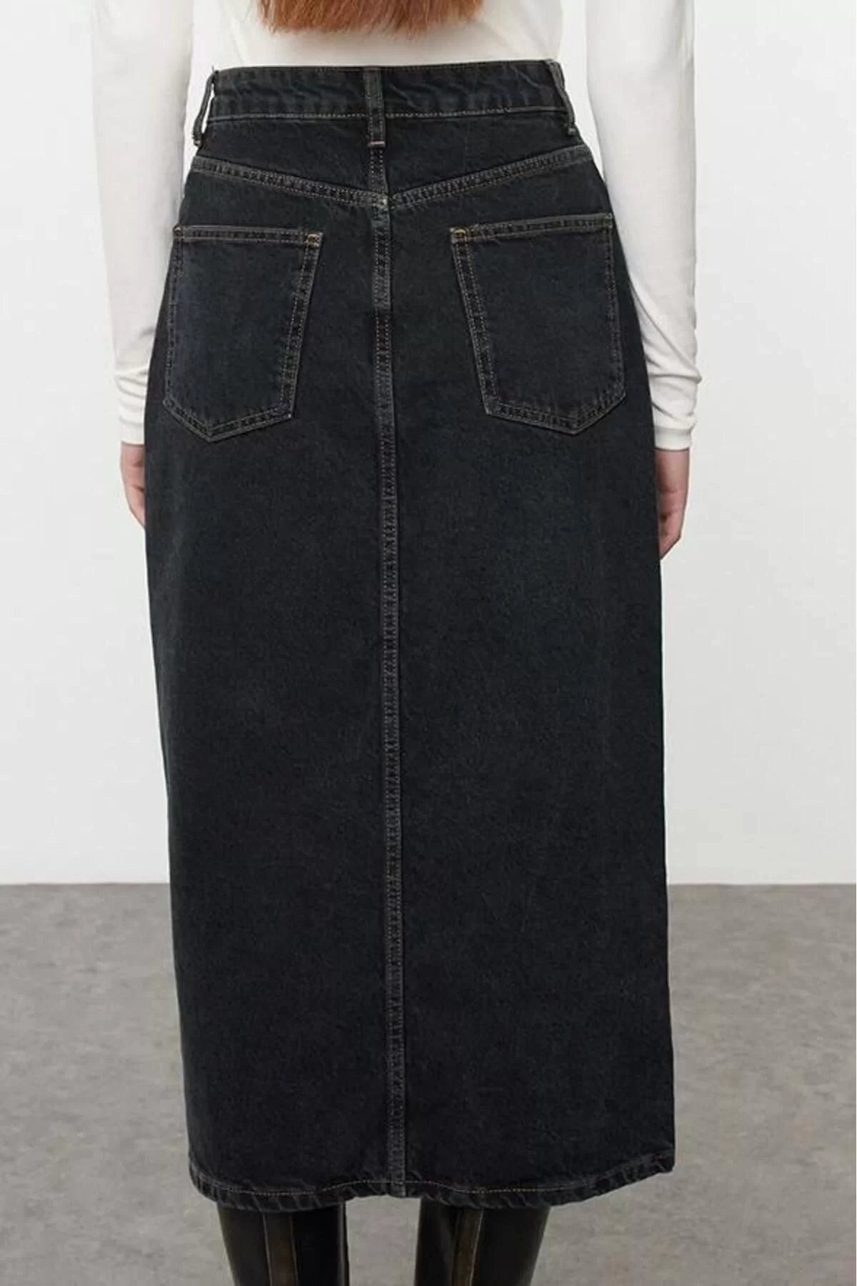 Women Fashion Style Midi Unlined Denim Front Button Slit Midi Denim Skirt