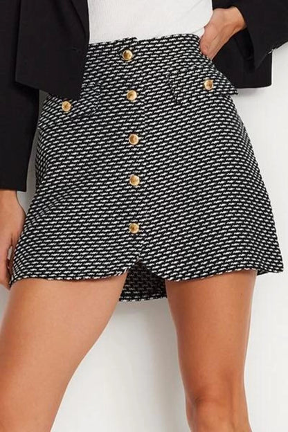 Women Fashion Style Mini Unlined Woven Button Detailed Tweed Fabric Mini Woven Skirt