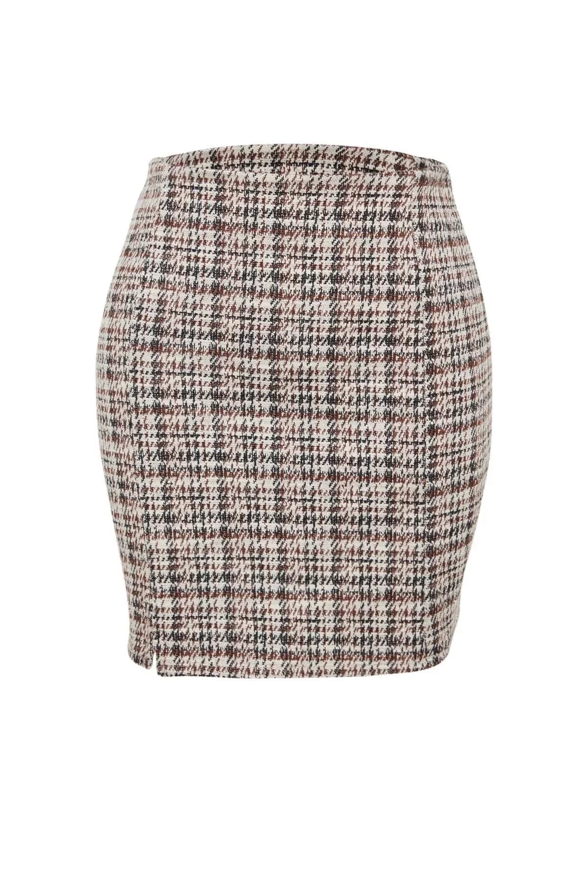 Women Fashion Style Mini Unlined Knitted Zippered and Slit Tweed Regular Waist Mini Knitted Skirt