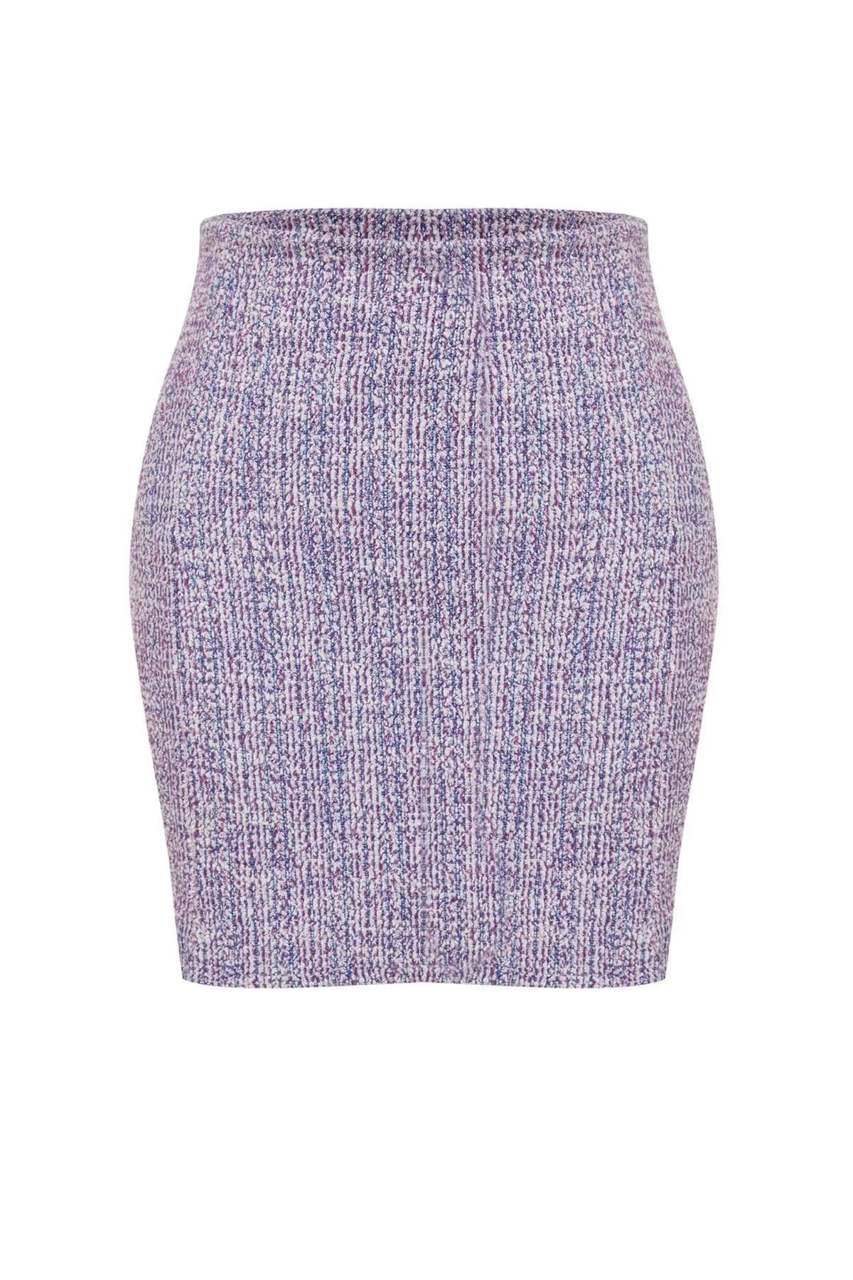 Women Fashion Style Mini Unlined Knitted Zippered and Slit Tweed Regular Waist Mini Knitted Skirt