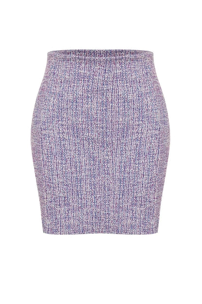 Women Fashion Style Mini Unlined Knitted Zippered and Slit Tweed Regular Waist Mini Knitted Skirt