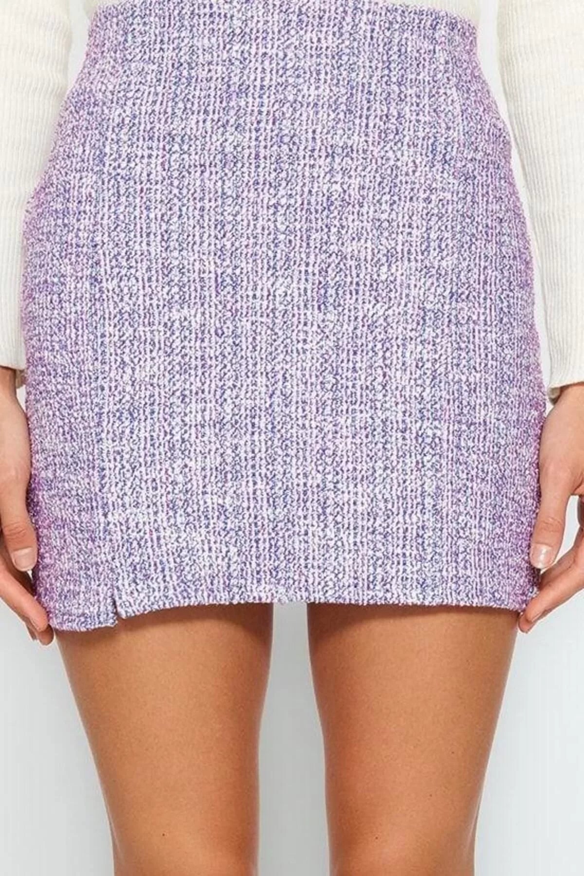 Women Fashion Style Mini Unlined Knitted Zippered and Slit Tweed Regular Waist Mini Knitted Skirt