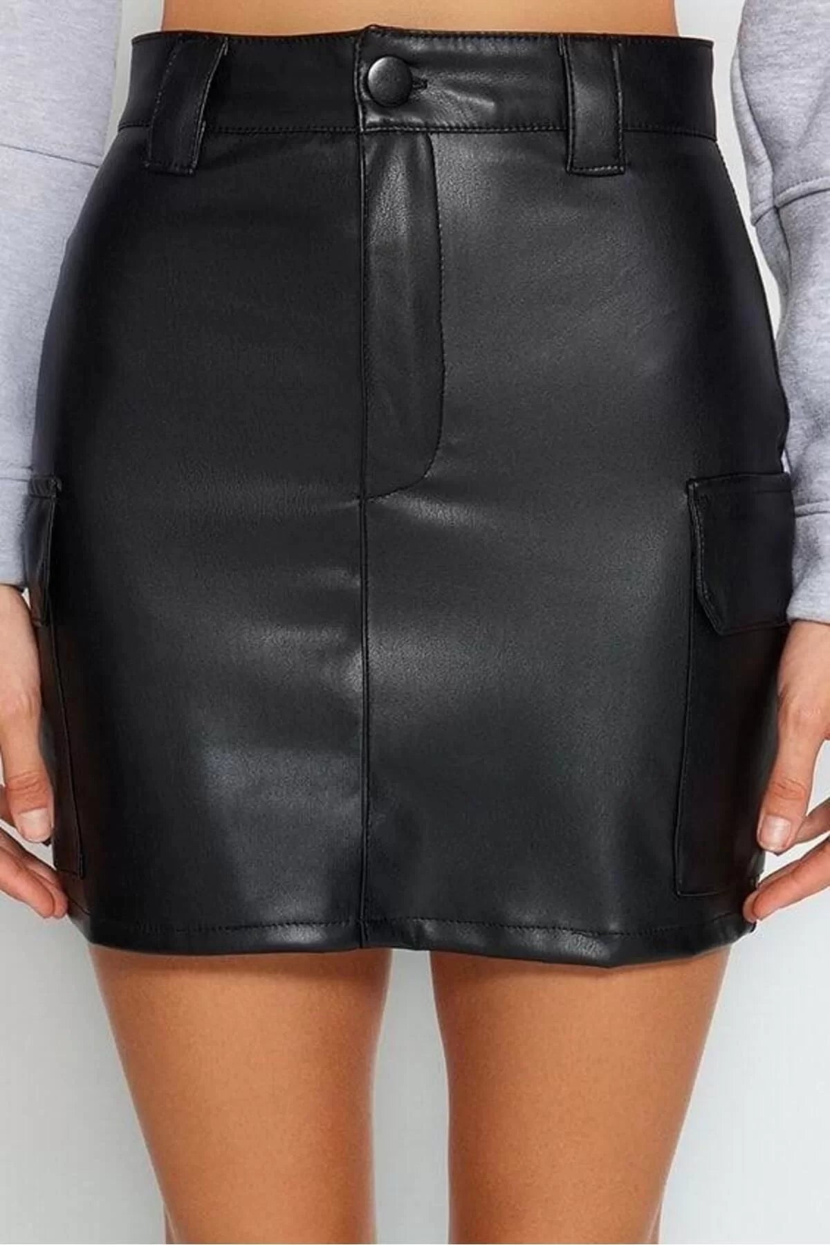 Women Fashion Style Mini Unlined Knitted Faux Leather Cargo Pocket High Waist Fitted Mini Knitted Skirt