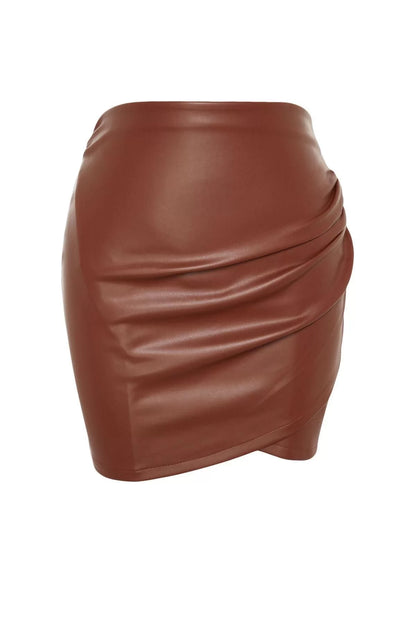 Women Fashion Style Mini Unlined Knitted Inner Raised Faux Leather Draped High Waist Bodycon Skirt