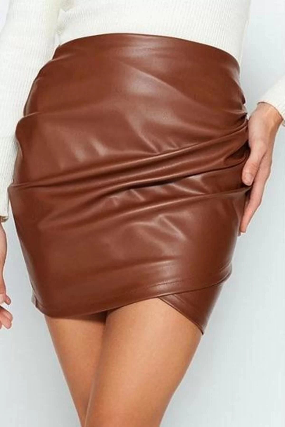 Women Fashion Style Mini Unlined Knitted Inner Raised Faux Leather Draped High Waist Bodycon Skirt