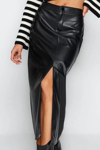 Women Fashion Style Maxi Unlined Knitted Slit Faux Leather High Waist Maxi Knitted Skirt