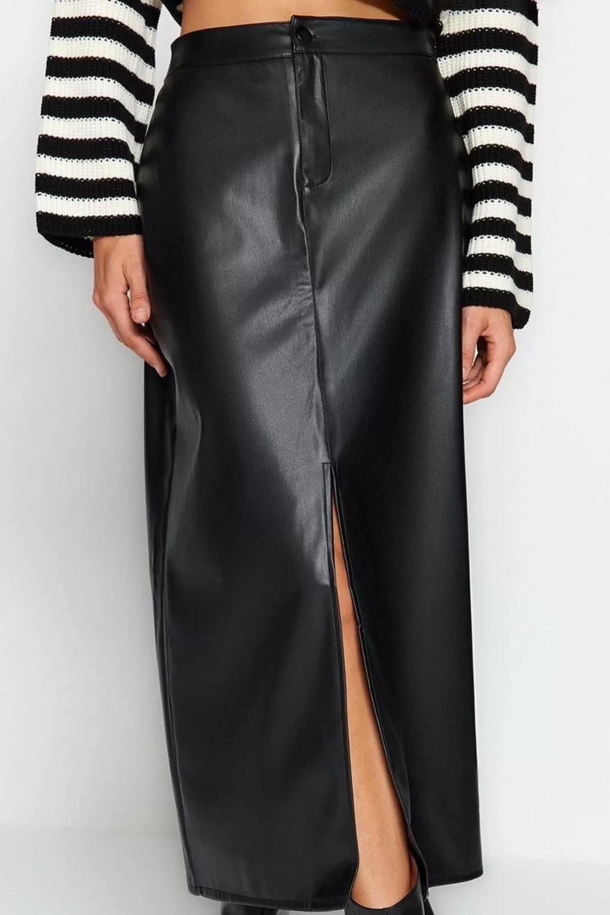 Women Fashion Style Maxi Unlined Knitted Slit Faux Leather High Waist Maxi Knitted Skirt