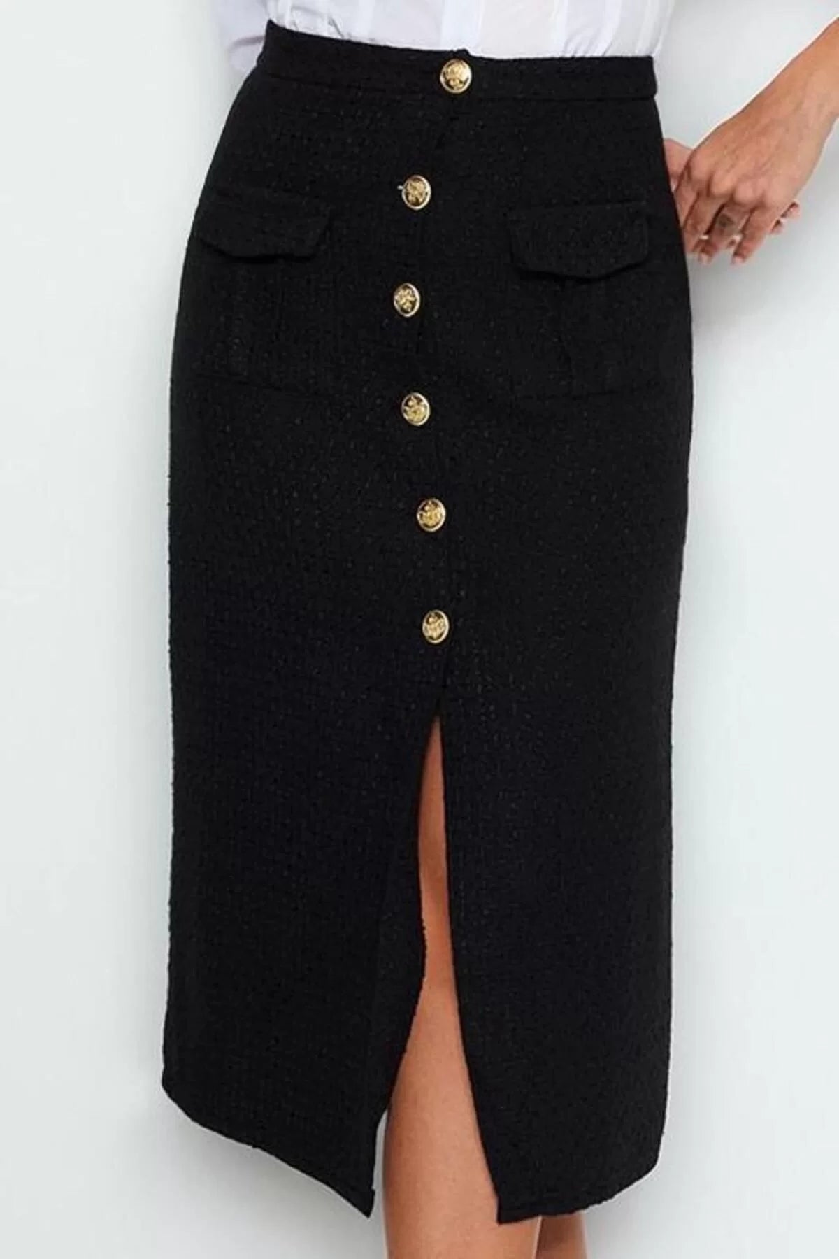 Women Fashion Style Midi Unlined Woven Tweed Fabric Button Detailed Midi Woven Skirt