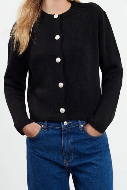 Women Fashion Stylish Crew Neck Standard Sleeve Regular Basic Jacket Look Knitwear Cardigan