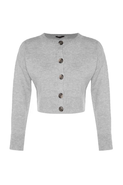 Women Fashion Stylish Crew Neck Low Sleeve Crop Soft Texture Buttoned Knitwear Cardigan