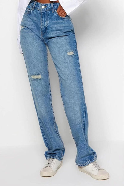 Women Fashion Stylish Jeans Wide Leg Long Denim Anthracite Ripped High Waist Long Jeans