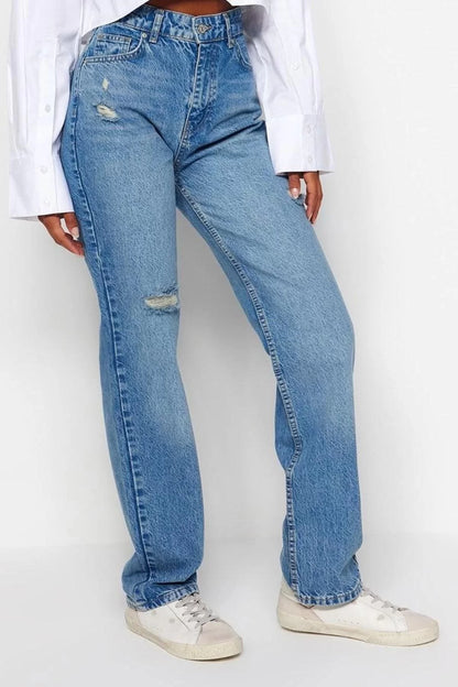 Women Fashion Stylish Jeans Wide Leg Long Denim Anthracite Ripped High Waist Long Jeans