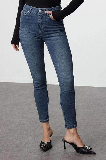 Women Fashion Stylish Jeans Skinny Leg Regular Length Denim Blue High Waist Skinny Jeans