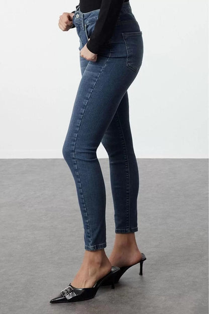 Women Fashion Stylish Jeans Skinny Leg Regular Length Denim Blue High Waist Skinny Jeans