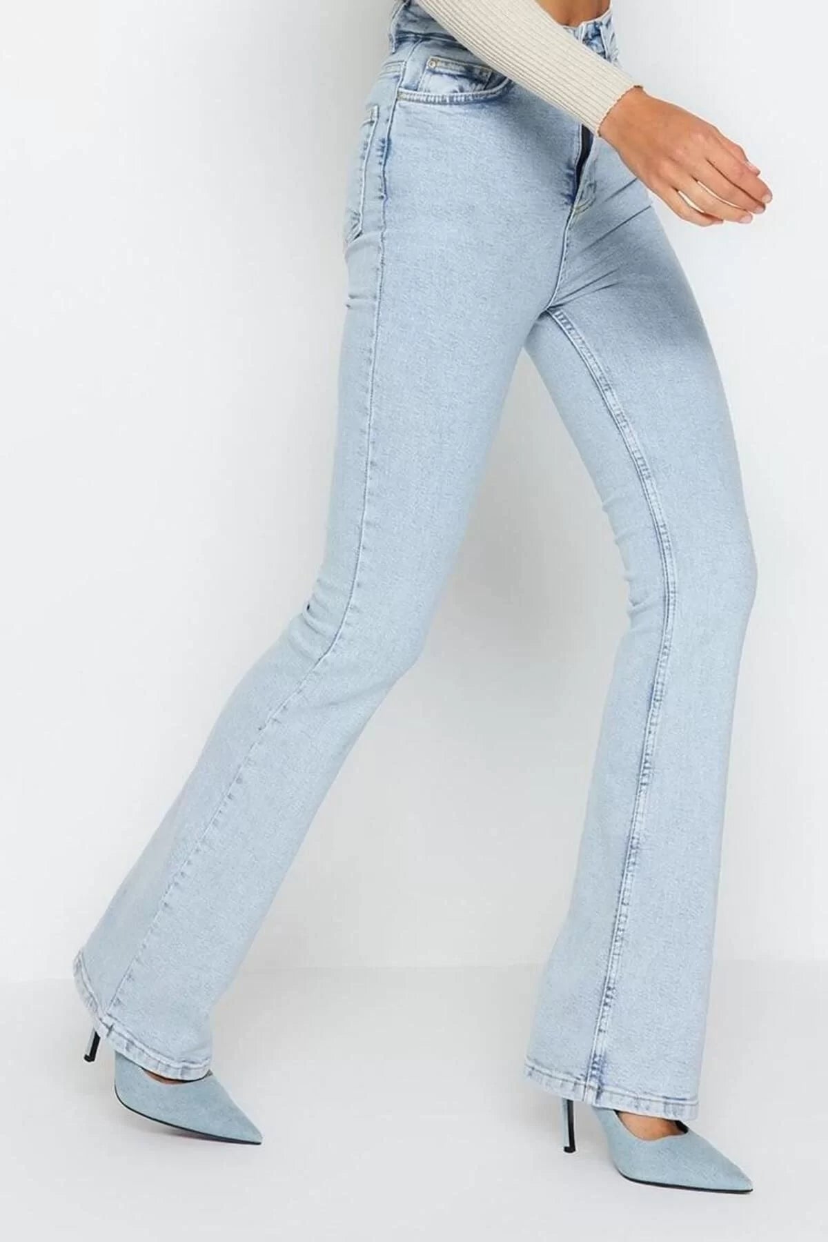 Women Fashion Stylish Jeans Flared Leg Long Denim High Waist Jeans