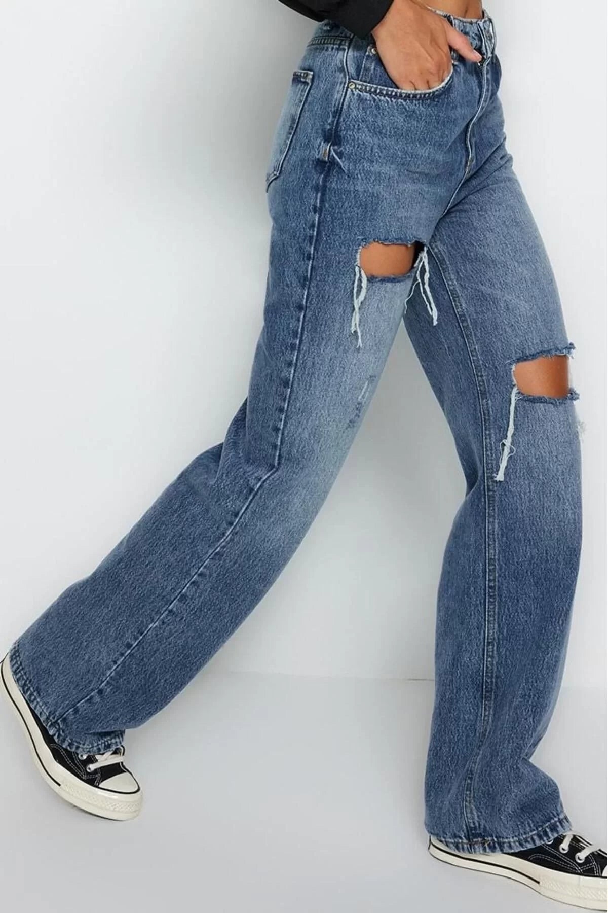 Women Fashion Stylish Jeans Wide Leg Long Denim Blue Ripped High Waist Jeans