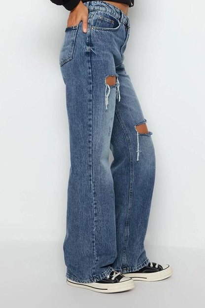 Women Fashion Stylish Jeans Wide Leg Long Denim Blue Ripped High Waist Jeans