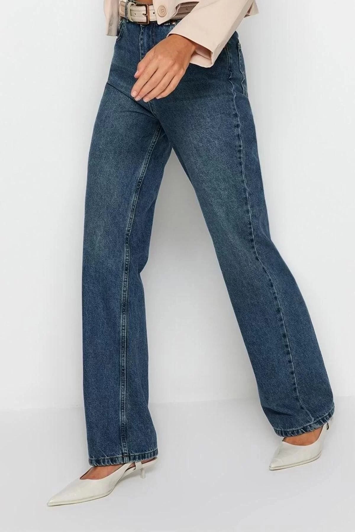 Women Fashion Stylish Jeans Wide Leg Long Denim Gray Ripped Detail High Waist Jeans