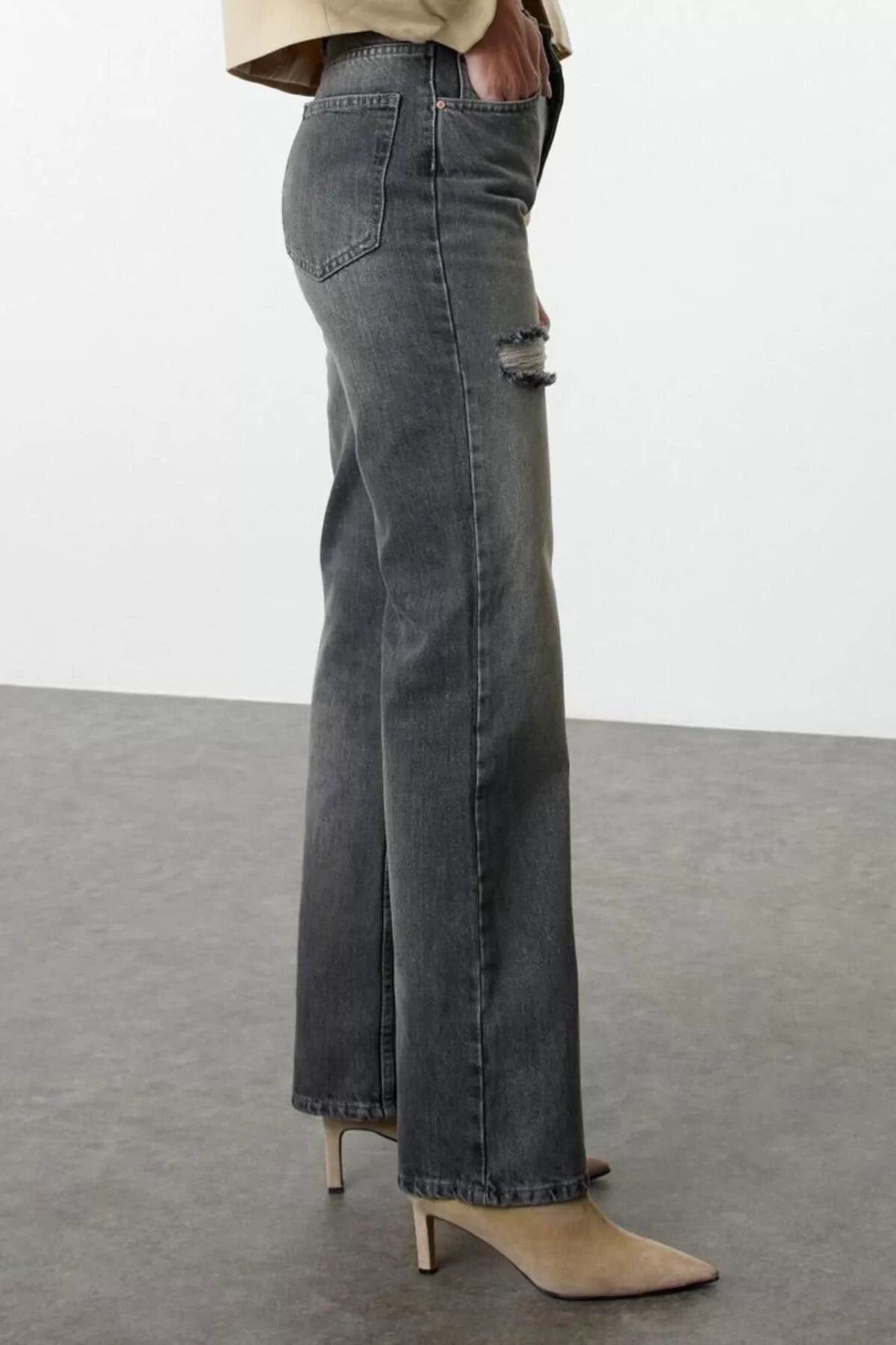 Women Fashion Stylish Jeans Wide Leg Long Denim Gray Ripped Detail High Waist Jeans