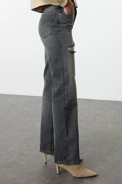 Women Fashion Stylish Jeans Wide Leg Long Denim Gray Ripped Detail High Waist Jeans