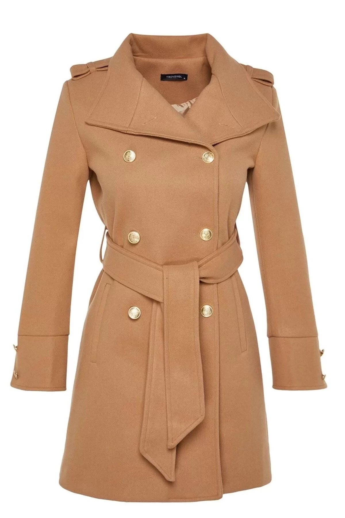 Women Fashion Stylish Regular Stand Collar Midi Plain Lined Belted Buttoned Soft Textured Cashmere Coat