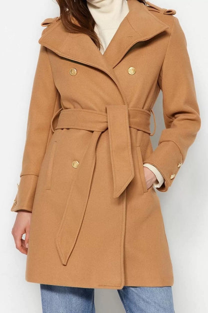 Women Fashion Stylish Regular Stand Collar Midi Plain Lined Belted Buttoned Soft Textured Cashmere Coat