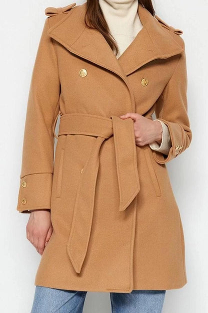 Women Fashion Stylish Regular Stand Collar Midi Plain Lined Belted Buttoned Soft Textured Cashmere Coat