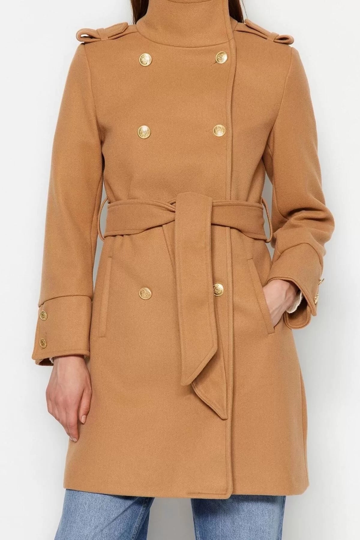 Women Fashion Stylish Regular Stand Collar Midi Plain Lined Belted Buttoned Soft Textured Cashmere Coat