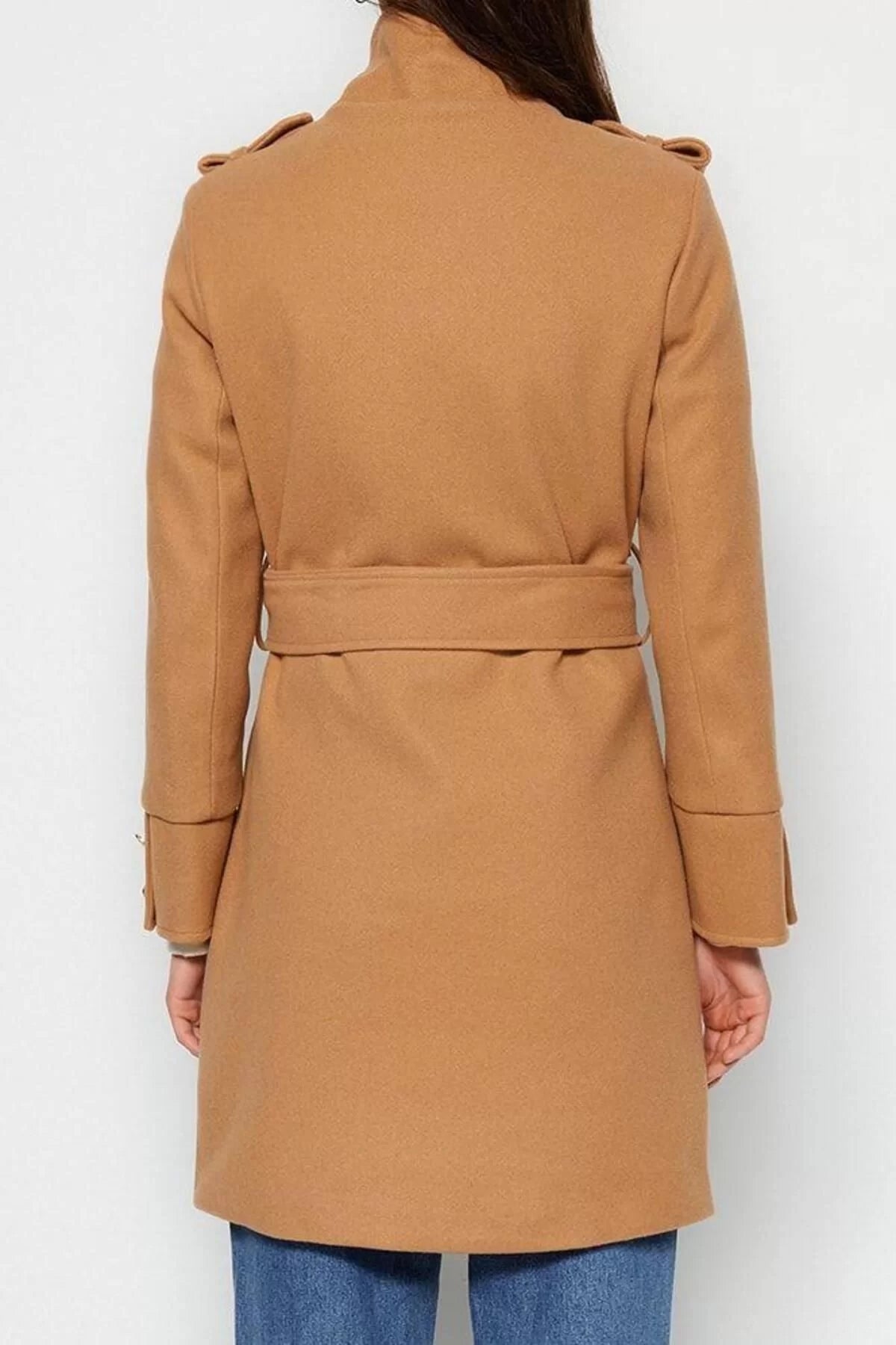 Women Fashion Stylish Regular Stand Collar Midi Plain Lined Belted Buttoned Soft Textured Cashmere Coat