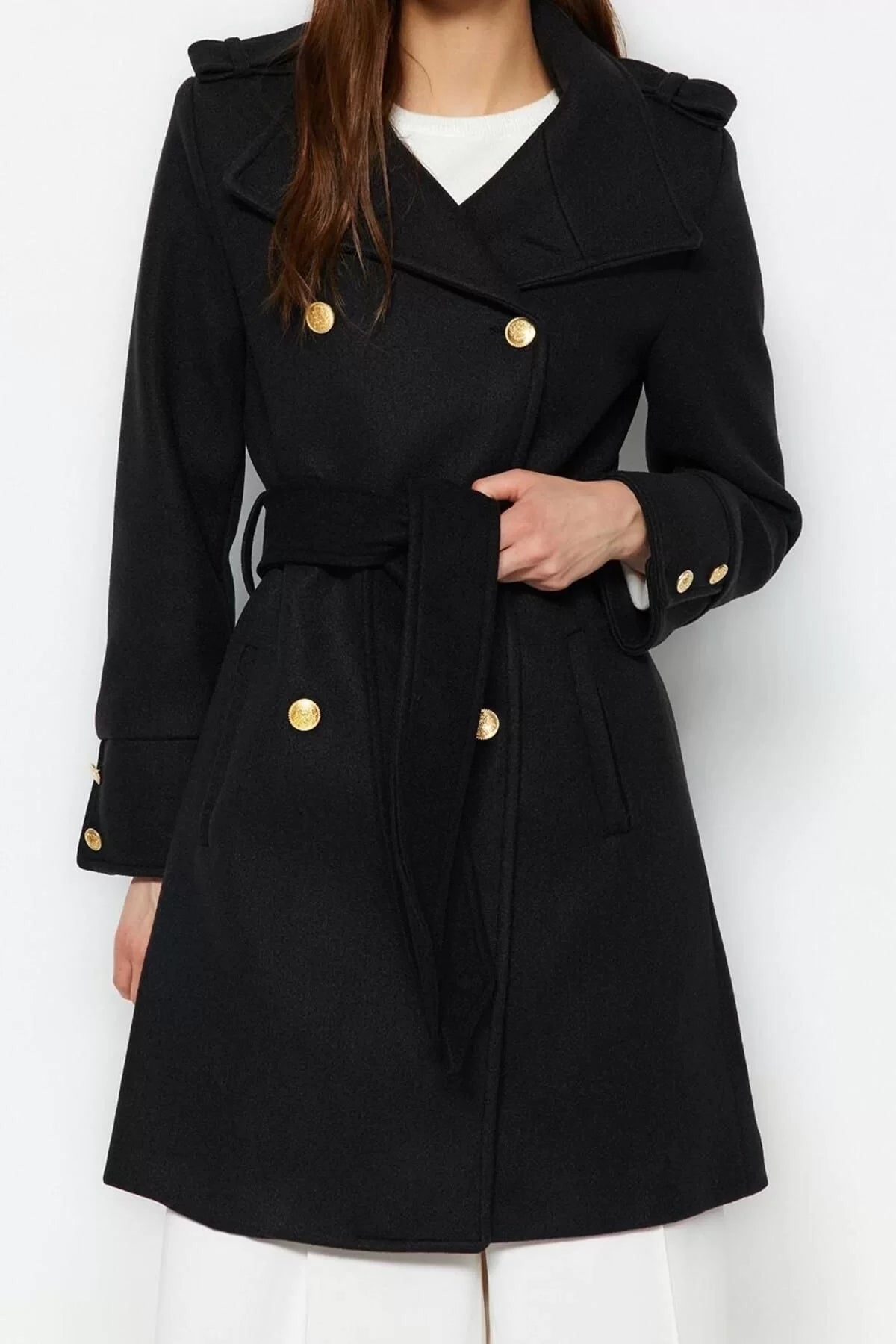 Women Fashion Stylish Regular Stand Collar Midi Plain Lined Belted Buttoned Soft Textured Cashmere Coat