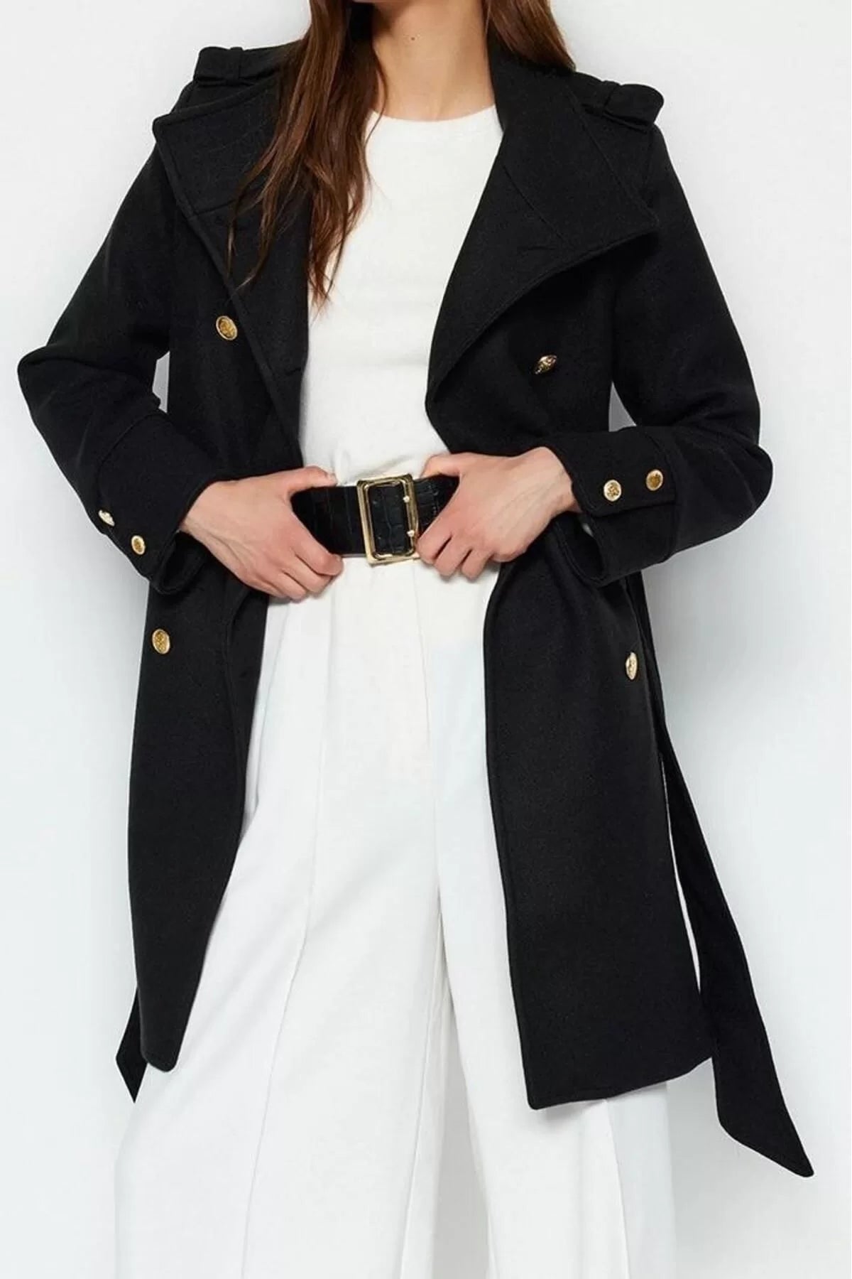 Women Fashion Stylish Regular Stand Collar Midi Plain Lined Belted Buttoned Soft Textured Cashmere Coat