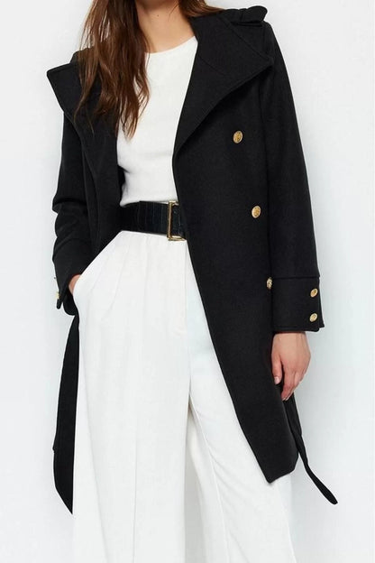 Women Fashion Stylish Regular Stand Collar Midi Plain Lined Belted Buttoned Soft Textured Cashmere Coat