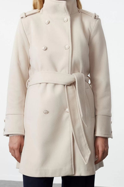 Women Fashion Stylish Regular Stand Collar Midi Plain Lined Belted Buttoned Soft Textured Cashmere Coat