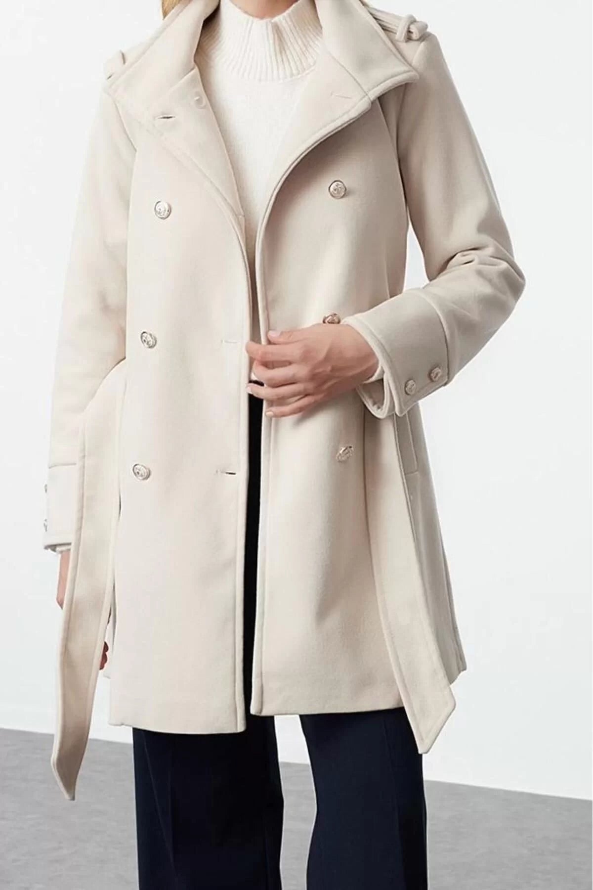 Women Fashion Stylish Regular Stand Collar Midi Plain Lined Belted Buttoned Soft Textured Cashmere Coat