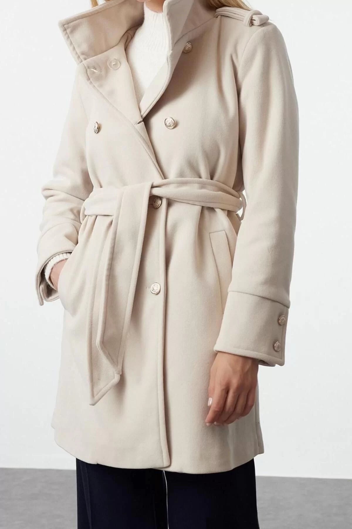 Women Fashion Stylish Regular Stand Collar Midi Plain Lined Belted Buttoned Soft Textured Cashmere Coat