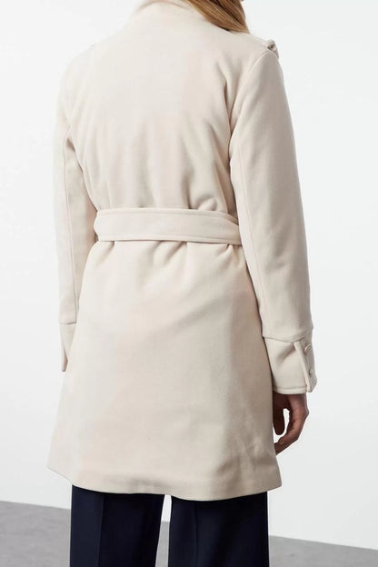 Women Fashion Stylish Regular Stand Collar Midi Plain Lined Belted Buttoned Soft Textured Cashmere Coat