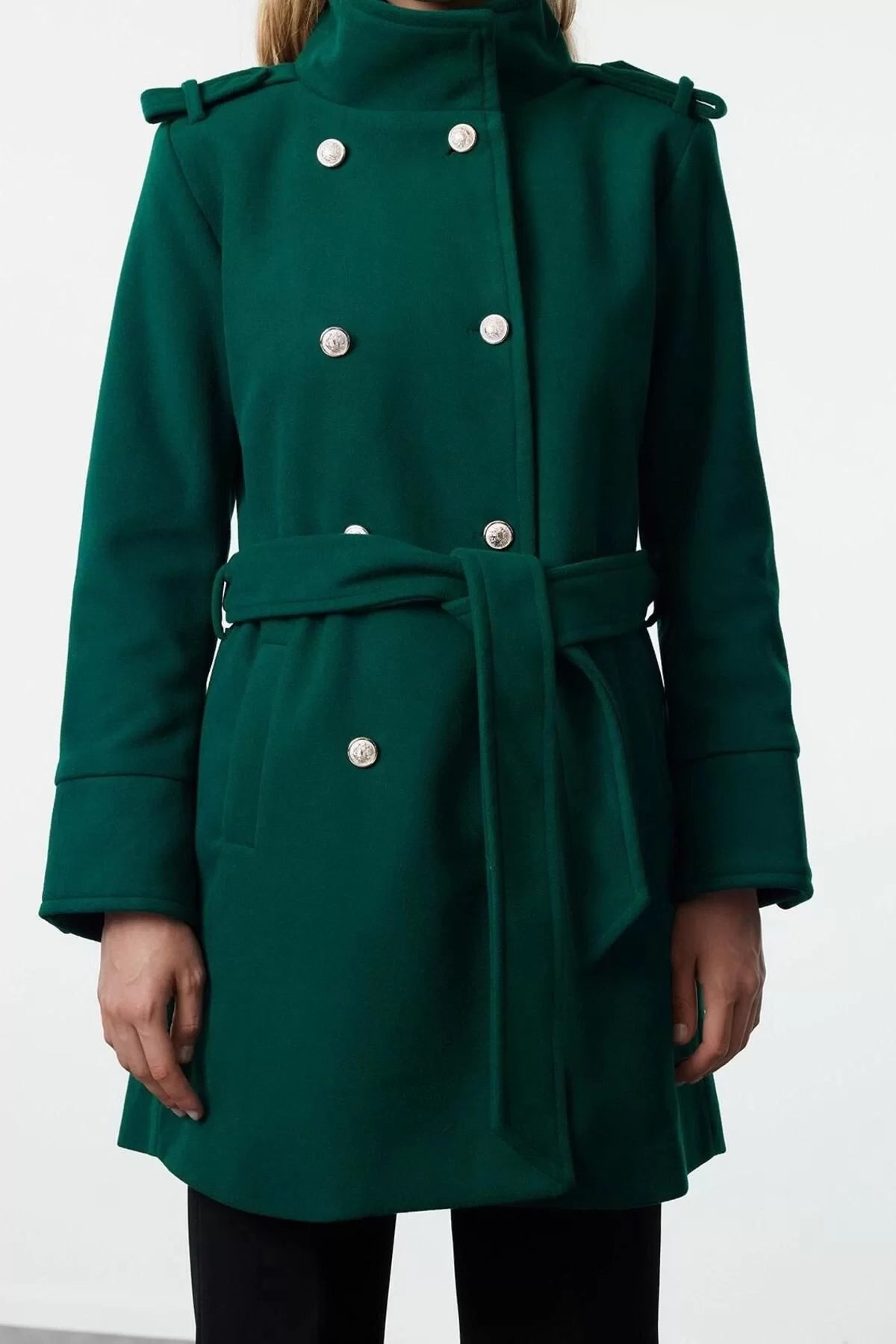 Women Fashion Stylish Regular Stand Collar Midi Plain Lined Belted Buttoned Soft Textured Cashmere Coat