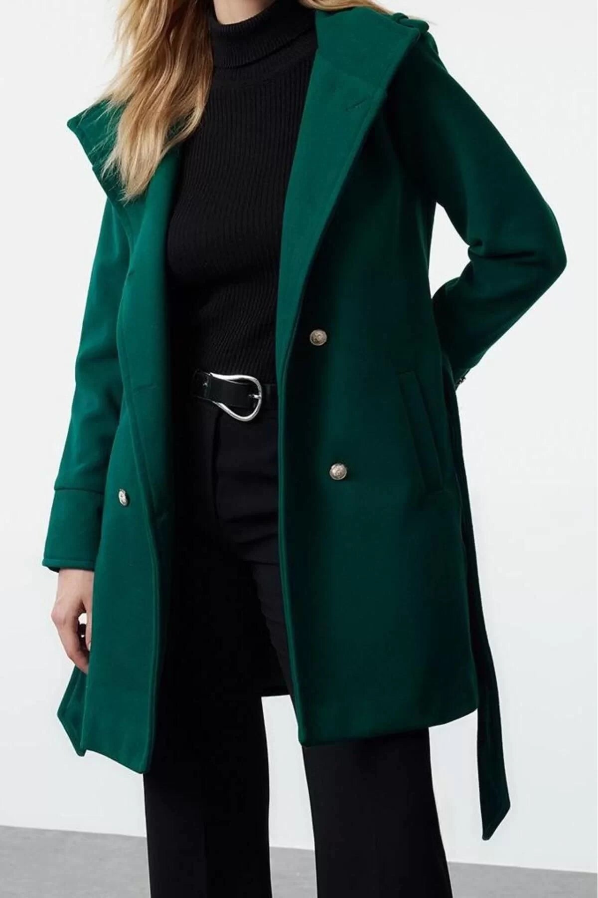 Women Fashion Stylish Regular Stand Collar Midi Plain Lined Belted Buttoned Soft Textured Cashmere Coat