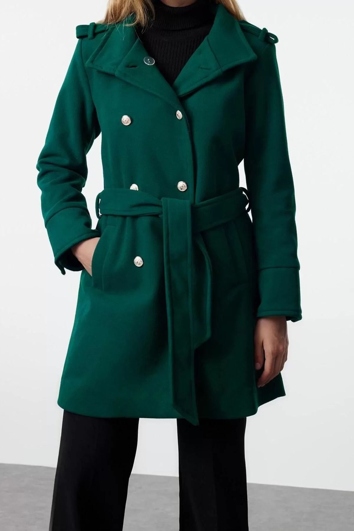 Women Fashion Stylish Regular Stand Collar Midi Plain Lined Belted Buttoned Soft Textured Cashmere Coat