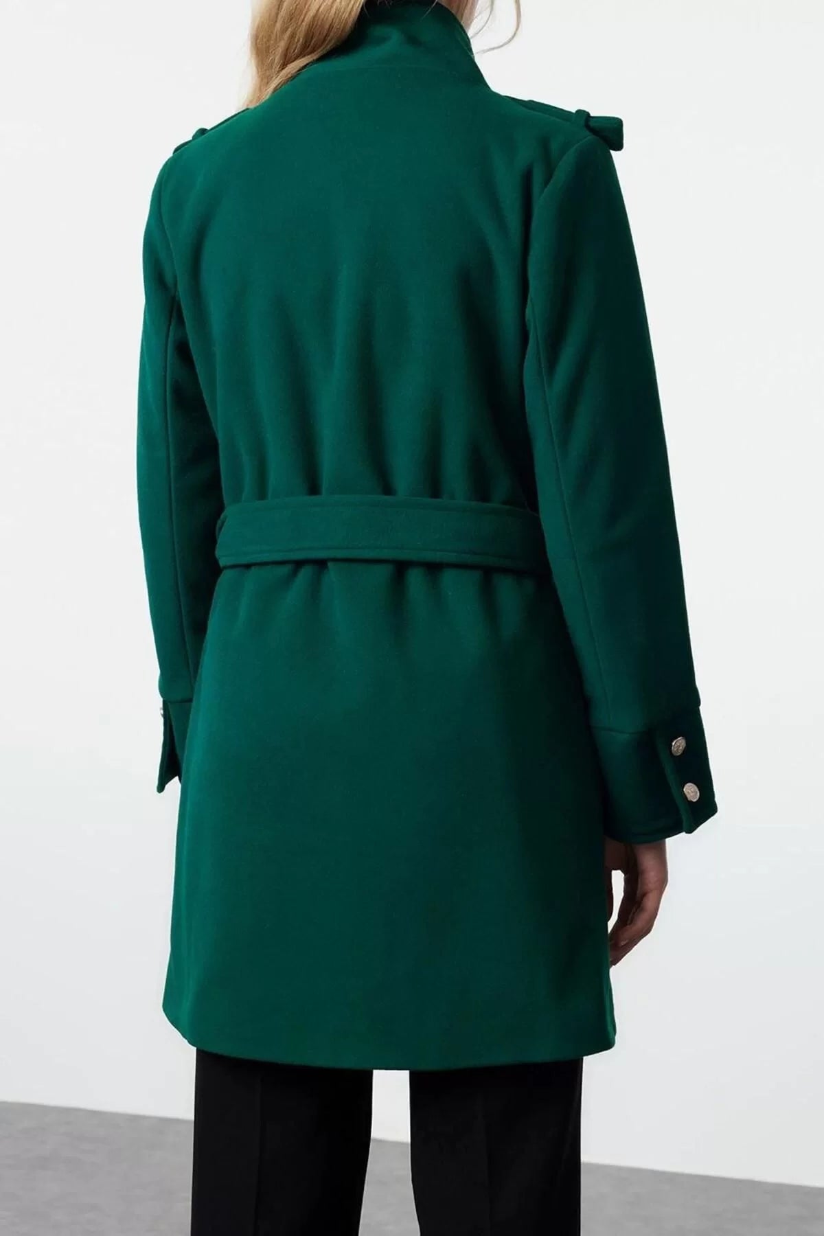 Women Fashion Stylish Regular Stand Collar Midi Plain Lined Belted Buttoned Soft Textured Cashmere Coat